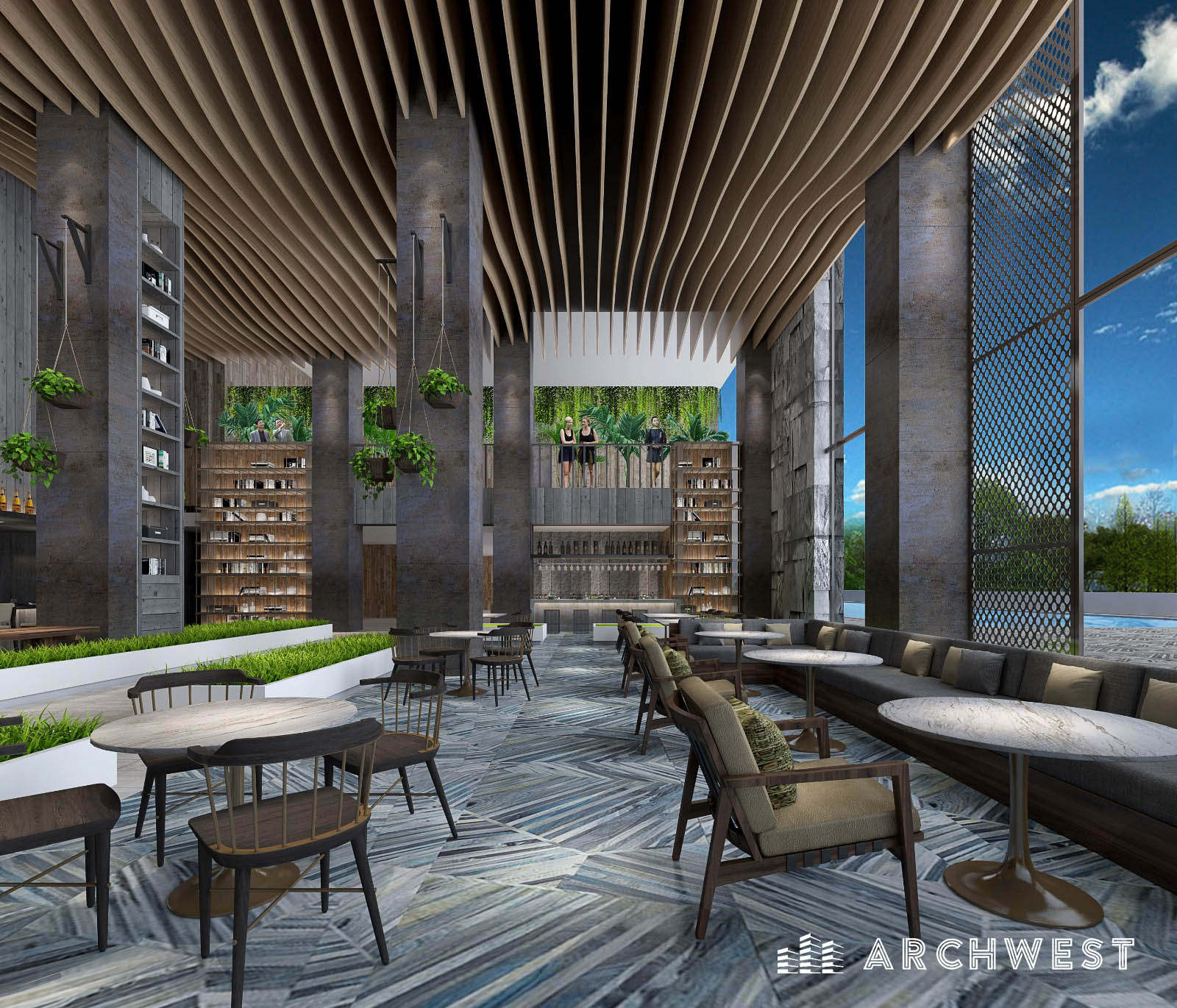 1. 3D Render of a Cafe in Lobby of Luxurious Hotel